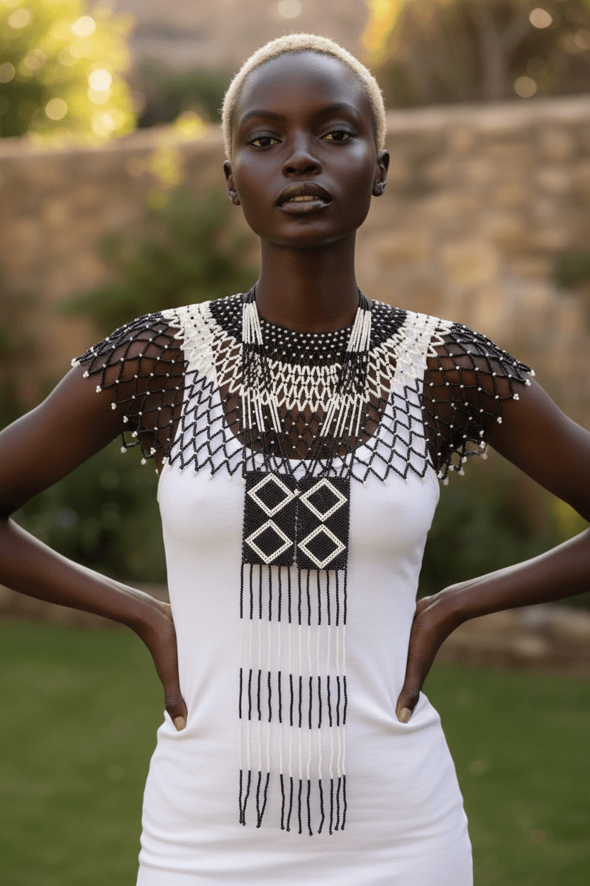 Black and White Beaded Statement Neckpiece - Image 3