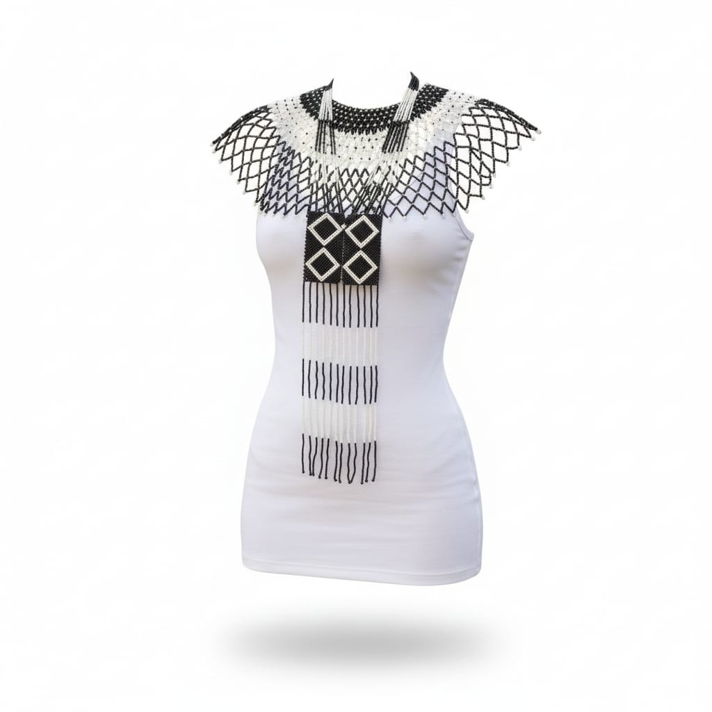 Black and White Beaded Statement Neckpiece - Image 2